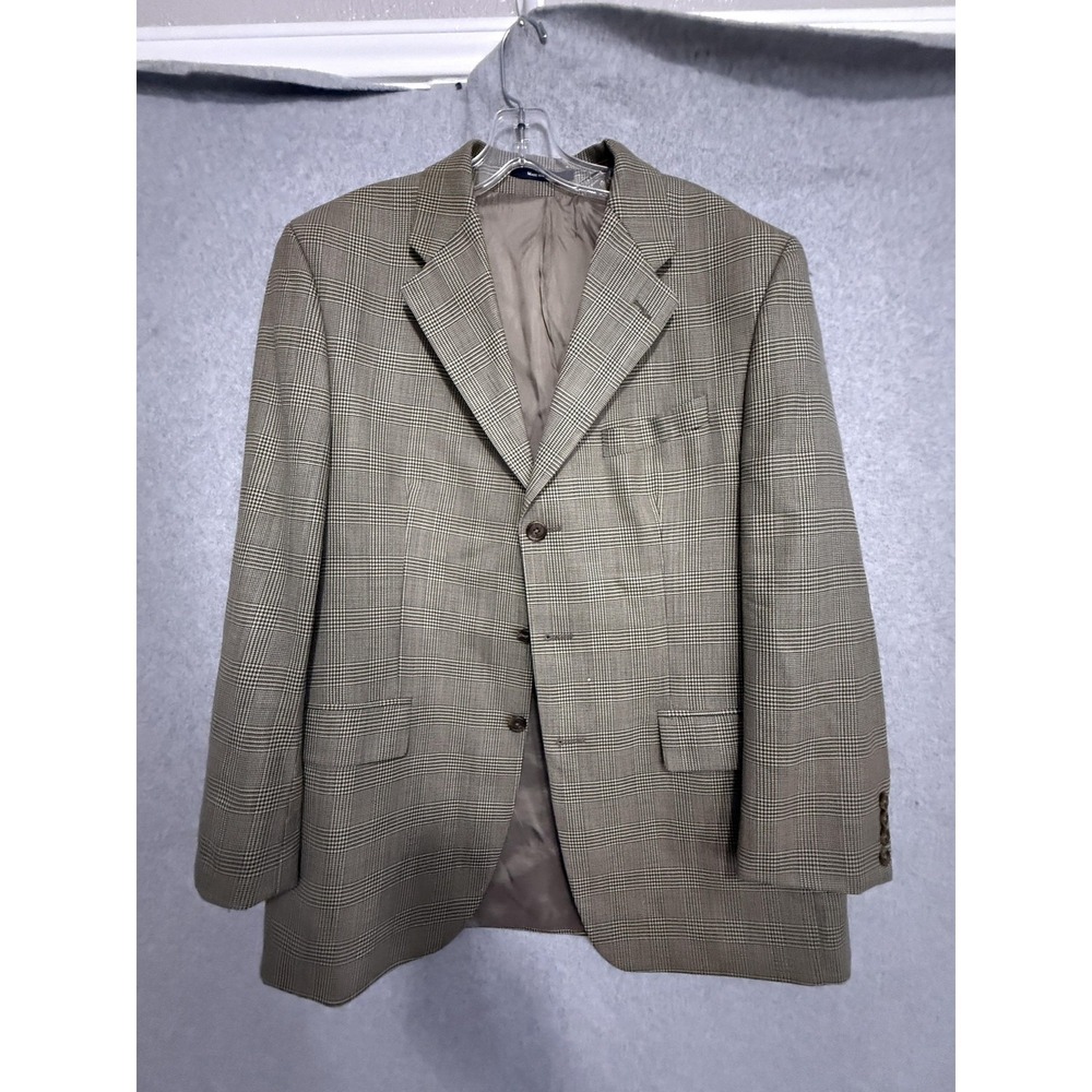 Chaps Ralph Lauren Blazer Sport Coat Mens 42 Beige Wool Plaid Tweed Jacket
